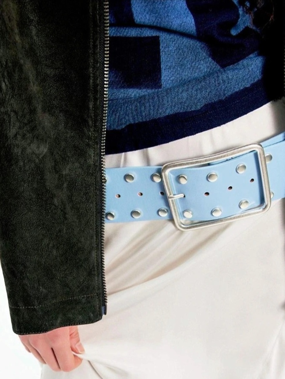 Free People Hex Hip Belt Leather Studded Belt in Baby Blue